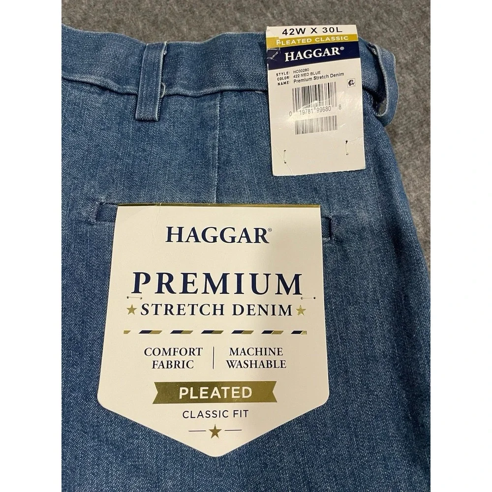 Haggar Jeans Mens 42x30 Blue Denim‎ Pleated Straight Leg Classic NEW WITH TAGS!!